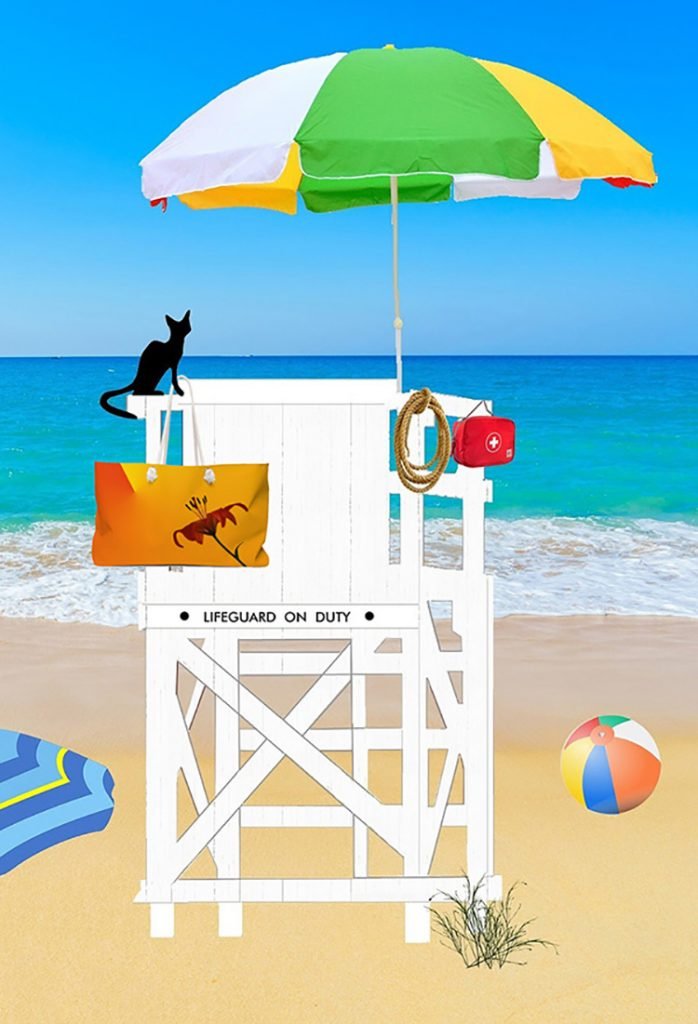 beach landscape with a cute black cat sitting close to the orange lily weekender from by mariu designs
